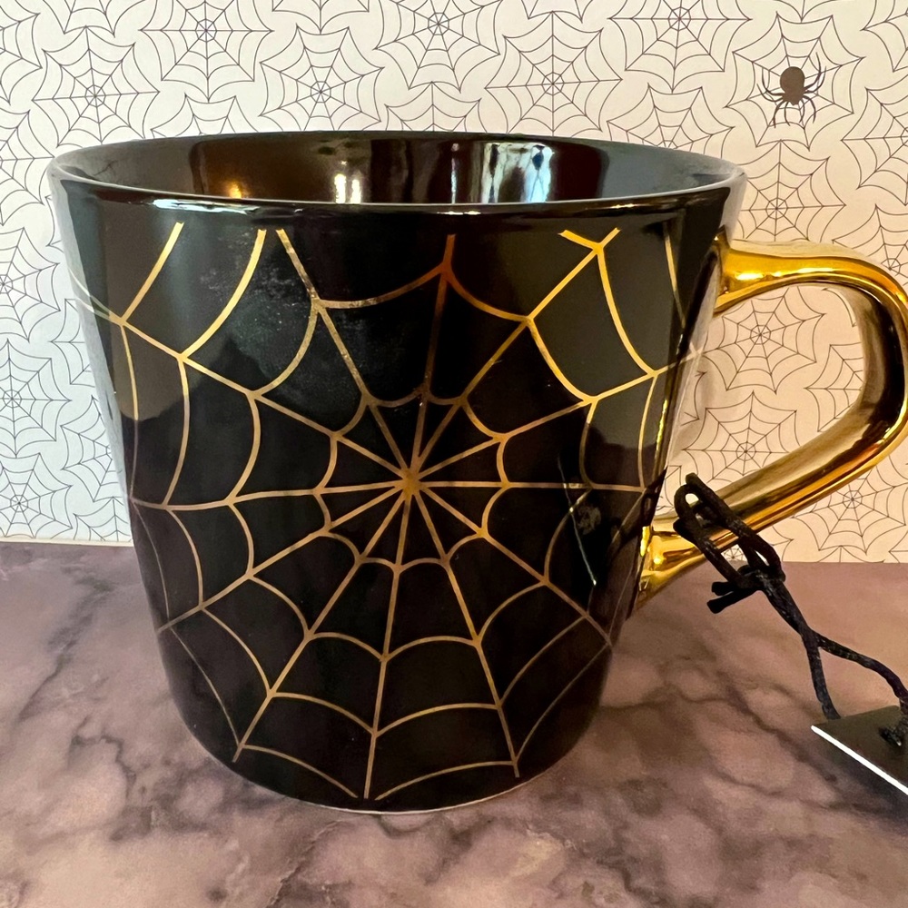 Halloween Black Metallic Gold Spider Webs Porcelain Mug Gothic Elegance